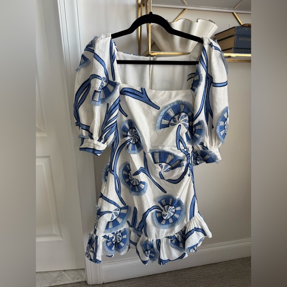 Alexis San Paolo Embroidered Blue and White Linen Toile Dress - Picture 9 of 10